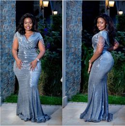 African Plus Size Sequins Evening Dress Mermaid V Neck Short Sleeves Nigeria Prom Dresses Formal Gown es