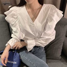 Blusas Spring Autumn V-neck Long Sleeve Shirt Women Korean Fashion Clothes Ruffles Cardigan Elegant Sexy Blouse 9656 210527