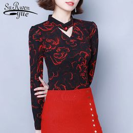Long Sleeve V-neck Women Tops Autumn Fashion Chiffon Blouses Casual Printed Floral Clothing Slim 6350 50 210508