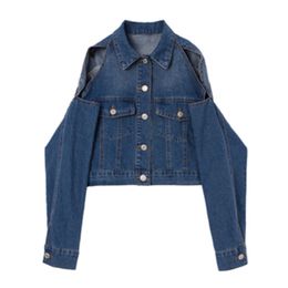 Blue Denim Jacket Button Long Sleeves Turn Down Collar Short Jackets Strapless C0527 210514