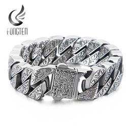 Fongten Vintage Style Bracelet Men's Unique Carving Cuban Link Chain Stainless Steel Men Bracelets Bangle Fashion Jewelry 211124