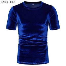 Royal Blue Velvet Velour T Shirt Men Brand Short Sleeve Slim Fit Mens Tshirts Hip Hop Hipster Streetwear Nightclub Camiseta 210522