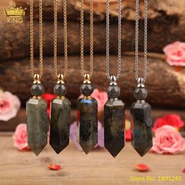 Elegant Women Natural Stone Hexagonal Pendant Flash Labradorite Point Perfume Bottle Essential Oil Necklace Jewellery