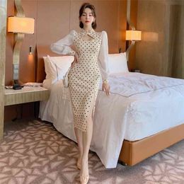 autumn retro everyday girl polka dot dress Office Lady Polyester Sheath Zippers Knee-Length 210416