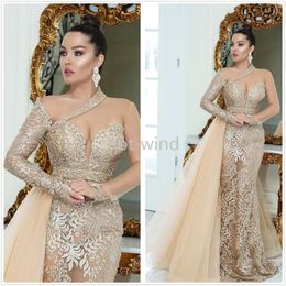 Sparkly luxuoso laço sereia vestidos de noite árabe sheer mangas compridas frisado vestidos de baile vintage vestidos de festa formal ee