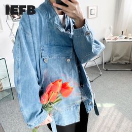 IEFB Spring Niche Deconstruction Design Slant Placket Personality Korean Loose Denim Jacket Stand Collar Oversize Jeans Coat 210524