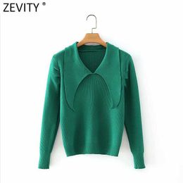Zevity Women Fashion Turn Down Collar Solid Knitting Sweater Female Chic Pleats Puff Sleeve Casual Slim Pullovers Tops S641 210603