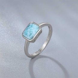 Trend 925 Sterling Silver Natural Gemstones Larimar Ring for Women Geometry Design Classic Simple Female Jewelry Dating 211217