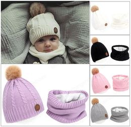 Baby Hat Scarf Sets Winter Children Knitted Caps Scarves Fur Pompom Toddler Beanies Solid Colour 2 Pieces Set