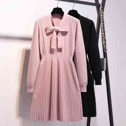 Winter Women Pink Bow Tie Collar Sweater Dresses Plus Size Mini Knitted Female Pullover Pleated Dress Vestidos XXXL 210416