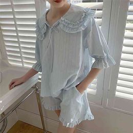 Summer Women's Lolita Princess Pyjama Sets.Tops+Shorts.Vintage Ladies Girl's Turn Down Collar Pyjamas set.Sleepwear Loungewear 210809