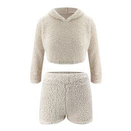 2pcs Set Women Autumn Winter Clothes Plush Hooded Crop Top Shorts Set Casual Solid Women Clothing Women Outfits Y0625