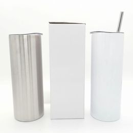 STRAIGHT! 20oz Sublimation Skinny STRAIGHT Tumblers With Straw Stainless Steel Water Bottles Double Insulated Cups Mugs 600ml cylinder slim drink