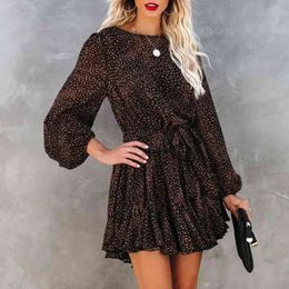 Autumn Leopard Print Ruffles Black Long Sleeve Dress Women O-Neck Winter A-line Dress Vintage Chiffon Short Dress Vestidos 210416