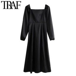 TRAF Women Chic Fashion Front Slit Soft Touch Midi Dress Vintage Long Sleeve Back Elastic Female Dresses Vestidos Mujer 210415