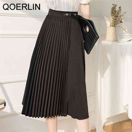 Minimalism OL Style Pleated Skirts Women High Street Solid Waist Skirt Elegant Knee-Length Outfits Female Clothing 210601