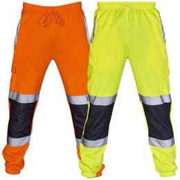 Fashion Men Road Work High Visibility Overalls Casual Pocket Work Casual Trouser Pants Autumn Reflective Trousers H1223