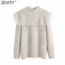 Women Elegant O Neck Organza Patchwork Ruffles Knitting Sweater Female Long Sleeve Chic Casual Pullovers Tops S569 210420