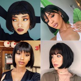 Short Bob Wigs With Bangs Straight Synthetic Hair Glueless Cosplay Wig For Black/White Women Heat Resistant Hair 8inch Anniviafactory direct