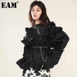 [EAM] Women White Ruffles Big Size Blouse Stand Collar Long Sleeve Loose Fit Shirt Fashion Spring Autumn 1DA98401 210512