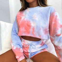 Autumn Long-Sleeved Tie-Dye O-Neck Home Casual Short Tops and shorts Women Two Piece outfits Suit shorts set womens clothing 210514