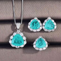 Luxury Paraiba Tourmaline set 925 Sterling Silver Promise Party Wedding Rings Earrings Necklace For Women Bridal Jewelry