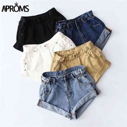 Aproms Casual Blue Denim Shorts Women Sexy High Waist Buttons Pockets Slim Fit Summer Beach Streetwear Jeans 210724
