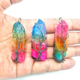 JLN Vintage Style Life Tree Pendant Natural Crystal Rainbow Color Antique Wire Wrapped Quartz Hexagon Prism Amulet Charm With Brass Chain Necklace