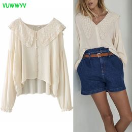 VUWWYV Fashion Beige Embroidery Collar Blouses Women Summer Chic High Street Woman Blouse Long Sleeve Front Buttons Tops 210430