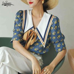 Summer Top Vintage Blouse Blue Puff Sleeve Collar Shirt Women Loose Designer Ladies Tie Korean Fashion Clothing Blusas 14636 210521