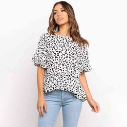 Women Leopard Irregular Ruffles Blouse Tops Summer Short Butterfly Sleeve O-Neck Female Loose Leisure Wear Streetwear Tops 210416