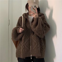 Woman Sweaters Autumn Winter Twist Zipper Hooded Sweater Coat Knitted Cardigan Jacket Oversized Long Lantern Sleeve Outwear 210422