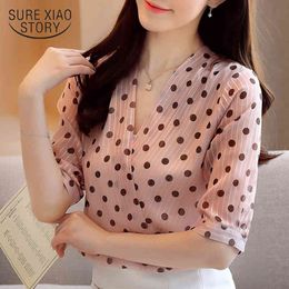Short Sleeve Pullover Ladies Blouses Korean Style Summer Women's Shirts Office Lady V Neck Polka Dot Blouse Women 9025 50 210415