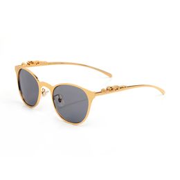 Designer Sunglasses Women Metal Leopard Head Logo Golden Silver Round frame Modern fashion retro Cat eye luxury glasses Brown black Grey lenses top high quality