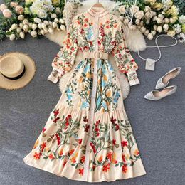 Court Dress Autumn Fashion Women Stand Collar Buckle High Waist Slim Retro Printed Elegant Street Vestidos N721 210527