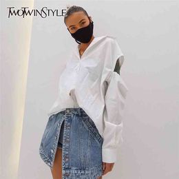 Hollow Out Solid Shirt For Women Lapel Long Sleeve Patchwork White Streetwear Blouse Female Fashion Clothing 210524