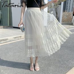 Skirts Womens Long for Korean Elegant Lace Empire High Waist Black Pleated Tulle 210514