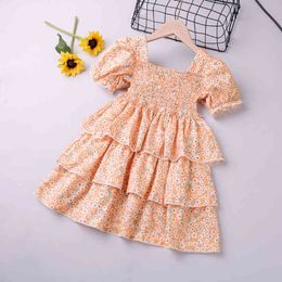 Summer Dress Sweet Puff-Sleeve Floral Printed Holiday Style Princess Cake Toddler Girls For 2-6 Years Old 210515
