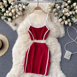 Tracksuit Women Summer Knit Two Piece Set Ins Stripe Camis Top and Mini Bodycon Skirt Suits Casual Outfits Sexy Clothing 210603