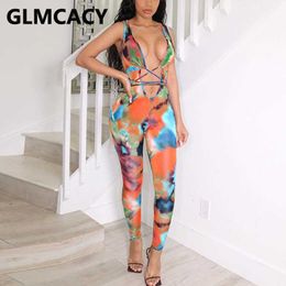 Women Tie Dye Printed Plunge V-neck Sleeveless Bodycon Skinny Jumpsuits 210702