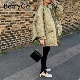 BerryGo Winter green short parka women Casual long sleeves collarless coats female Thick pocket warm jacket tops 211018