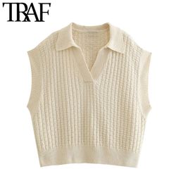 TRAF Women Fashion Oversized Knitted Vest Sweater Vintage Lapel Collar Sleeveless Female Waistcoat Chic Tops 210415