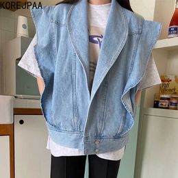 Korejpaa Women Tanks Summer Korean Chic Retro Lapel Ruffled Loose Versatile Washed Blue Denim Waistcoat Cardigan Jackets 210526