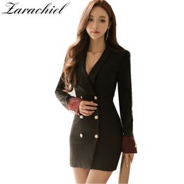 Women Blazer Autumn Sexy Double Breasted Hit Color Female Office Bodycon Pencil Dress Basic Vestidos Army Green Black 210416