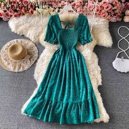 Chiffon Vestido Floral Square Neck Print Beach Style Short Sleeve Summer Dresses A-line High Waist Woman Dress Korean 210415