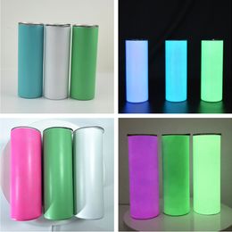 20oz Sublimation Skinny STRAIGHT GLOW Tumblers Pink Green Blue White Blank Luminous Paint Cups Stainless Steel Water Bottles Drinking Milk Mugs A12