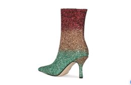 fashion women gradient colour Boots rainbow color ankle booties sexy point toe gladiator botas sequin leather boot side zip gold chains