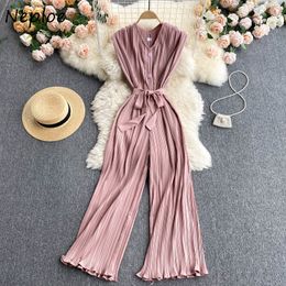 Neploe Heavy Work Pleat Design Jumpsuits Women High Waist Hip Sashes Wide Leg Bodysuits V Neck Sleeveless Playsuits Summer 210510