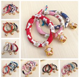 Pet Dogs Cats Collars Japanese Style With Maneki Feng Shui Fortune Lucky Cat Figurine Bells for Kitten Puppy Cloth Collar Adjustable XS S M L