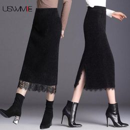 Winter Skirts Womens Fashion Streetwear Thickened Solid Colour Comfort Slim Black Knitted Pencil Sexy Skirt